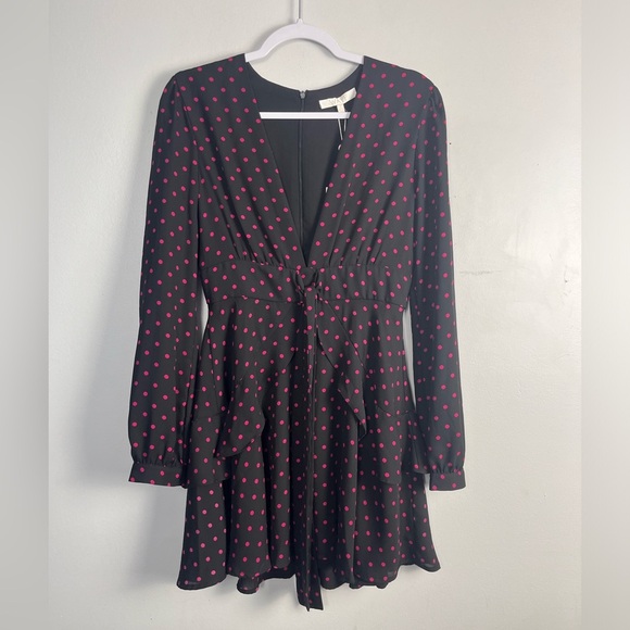 WAYF Womens Black Pink Dot Mini Dress Sz S NWT V-Neck Skater Long Sleeve Roland - Picture 4 of 9